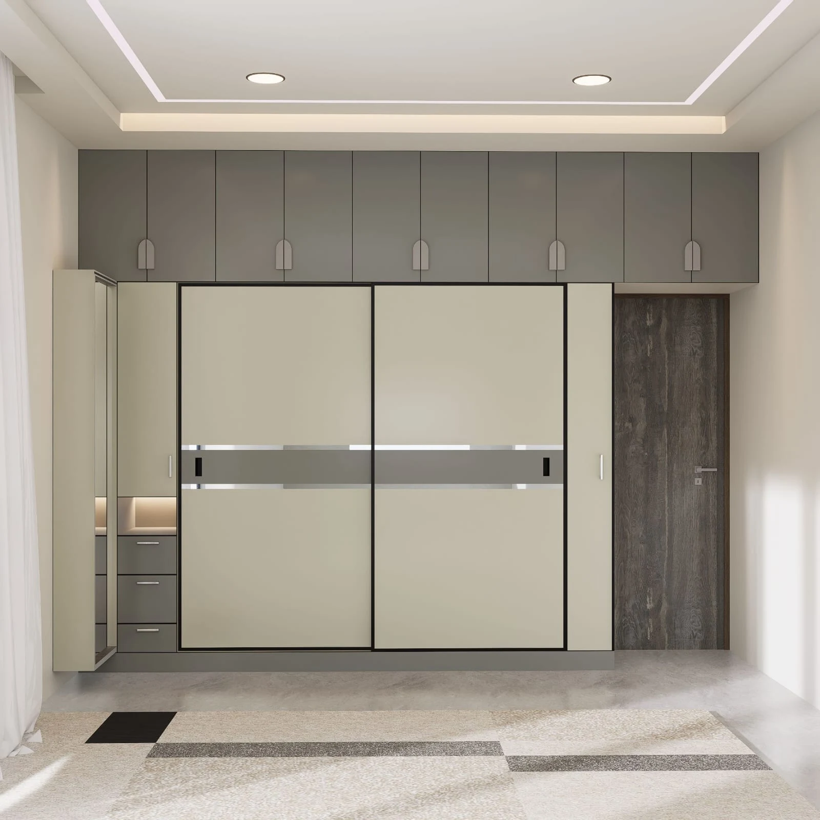 Sliding wardrobe with cream sliding doors, a mirrored side panel, a black accent stripe and matching overhead loft cabinets