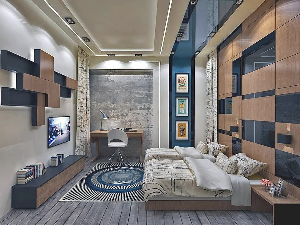 Teen bedroom with graphic monochrome bedding, a concrete-look feature wall, a scalloped cove-lit false ceiling