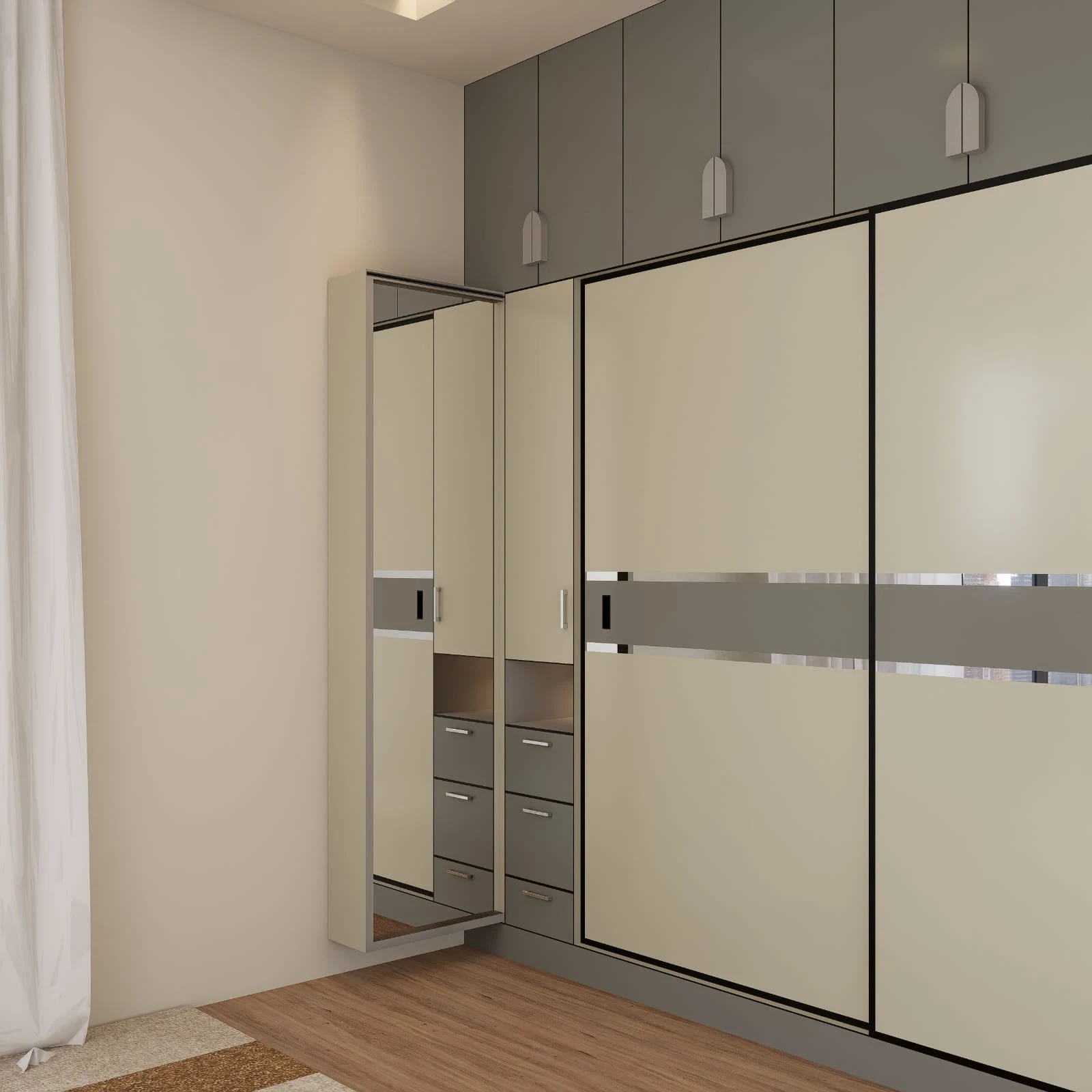 Close-up of a cream sliding wardrobe with a mirrored door open, showing internal shelves and drawers